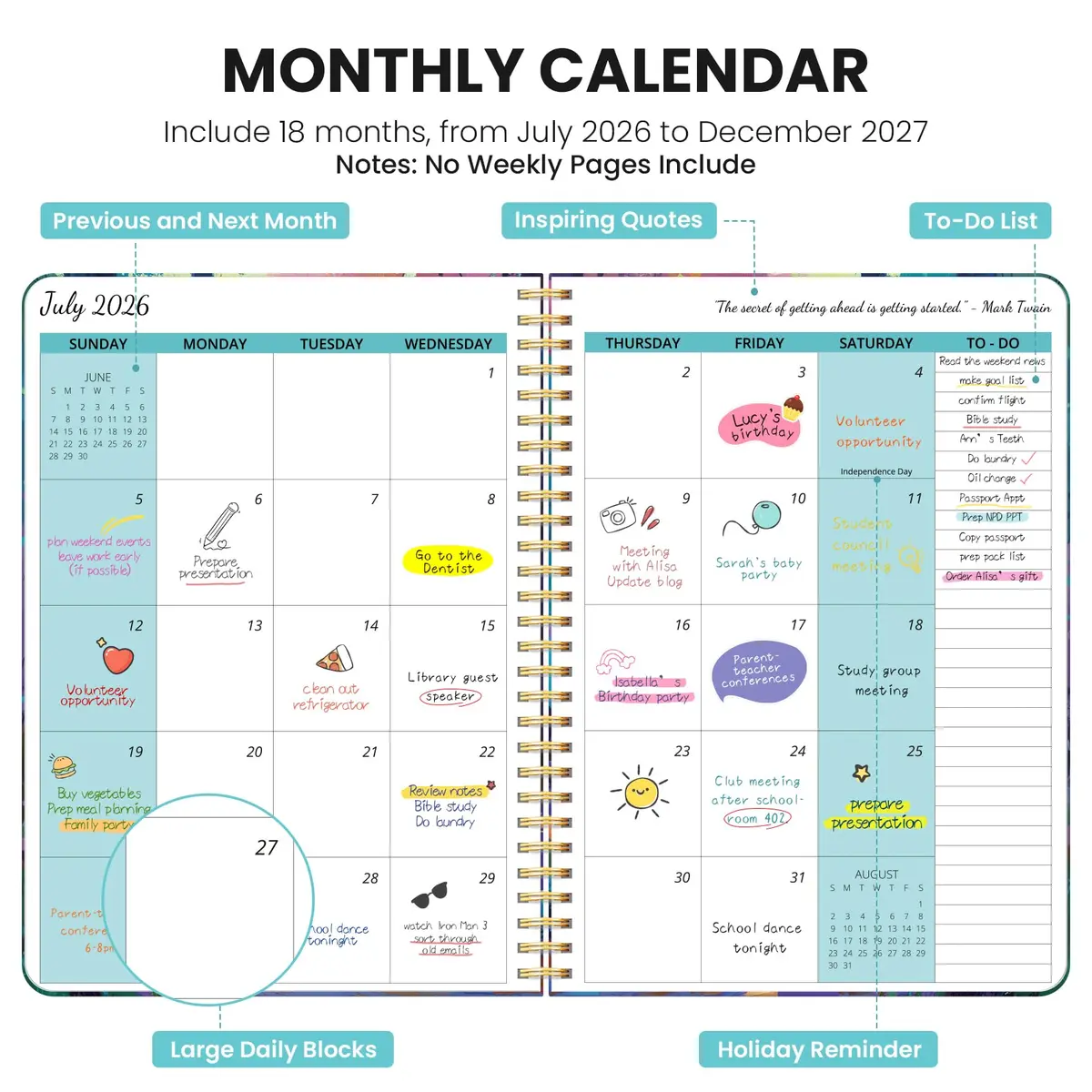 Taja Monthly Planner 2026-2027 18-Month Calendar 7" x 10" | Aesthetic Design for Students & Professionals - view 2
