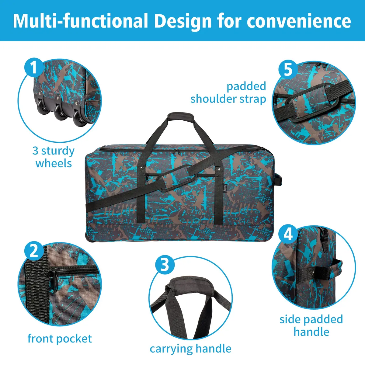 Finnhomy 120L Foldable Rolling Duffel Bag with 3 Wheels | Large Capacity Travel Duffel (Graffiti-blue, 32.3in) - view 3