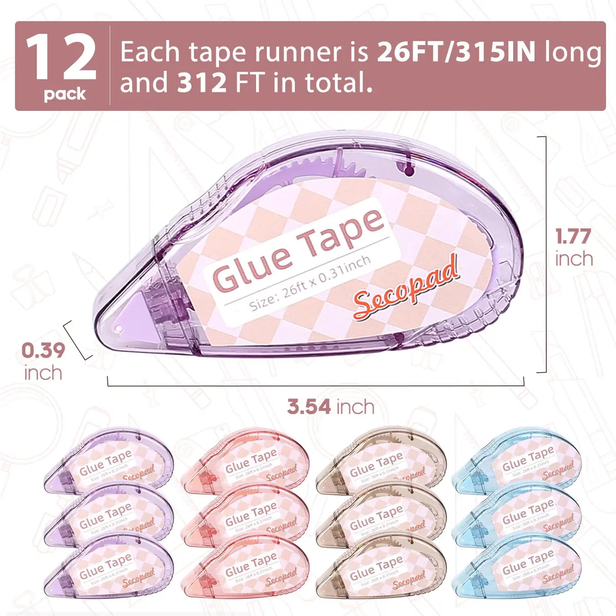 Secopad Double Sided Tape Roller 12 Pack | 0.3in x 26ft Each, Clear Light-Colored Shell - view 2