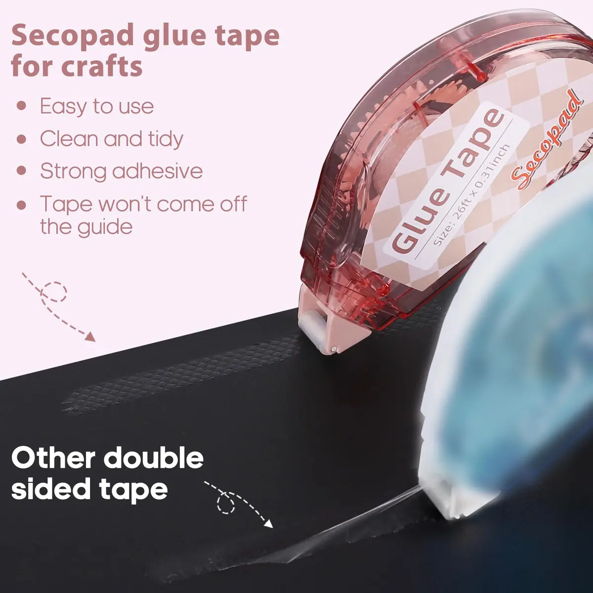 Secopad Double Sided Tape Roller 12 Pack | 0.3in x 26ft Each, Clear Light-Colored Shell - view 3