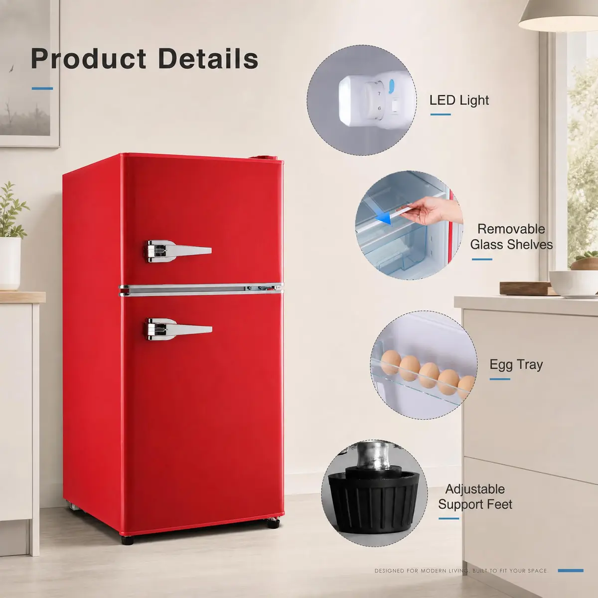 BINMIT Retro Mini Fridge with Freezer 3.5 Cu. Ft | Vintage Style, Compact Dual Door, Adjustable Thermostat, Quiet Operation, Red - view 5