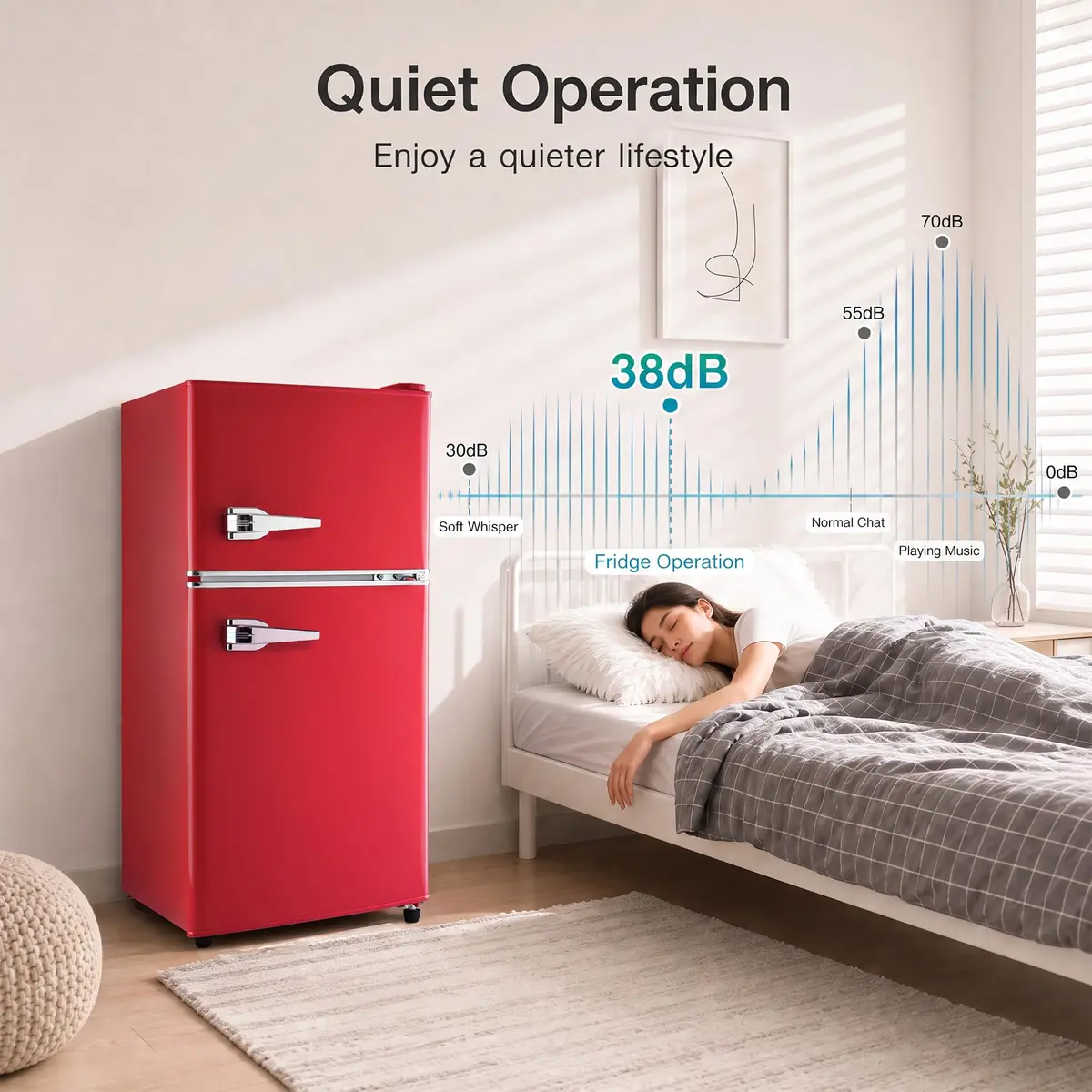 BINMIT Retro Mini Fridge with Freezer 3.5 Cu. Ft | Vintage Style, Compact Dual Door, Adjustable Thermostat, Quiet Operation, Red - view 6