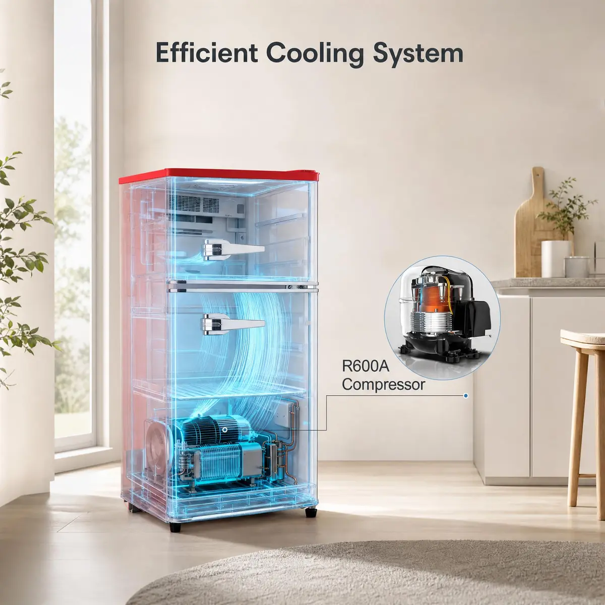 BINMIT Retro Mini Fridge with Freezer 3.5 Cu. Ft | Vintage Style, Compact Dual Door, Adjustable Thermostat, Quiet Operation, Red - view 7