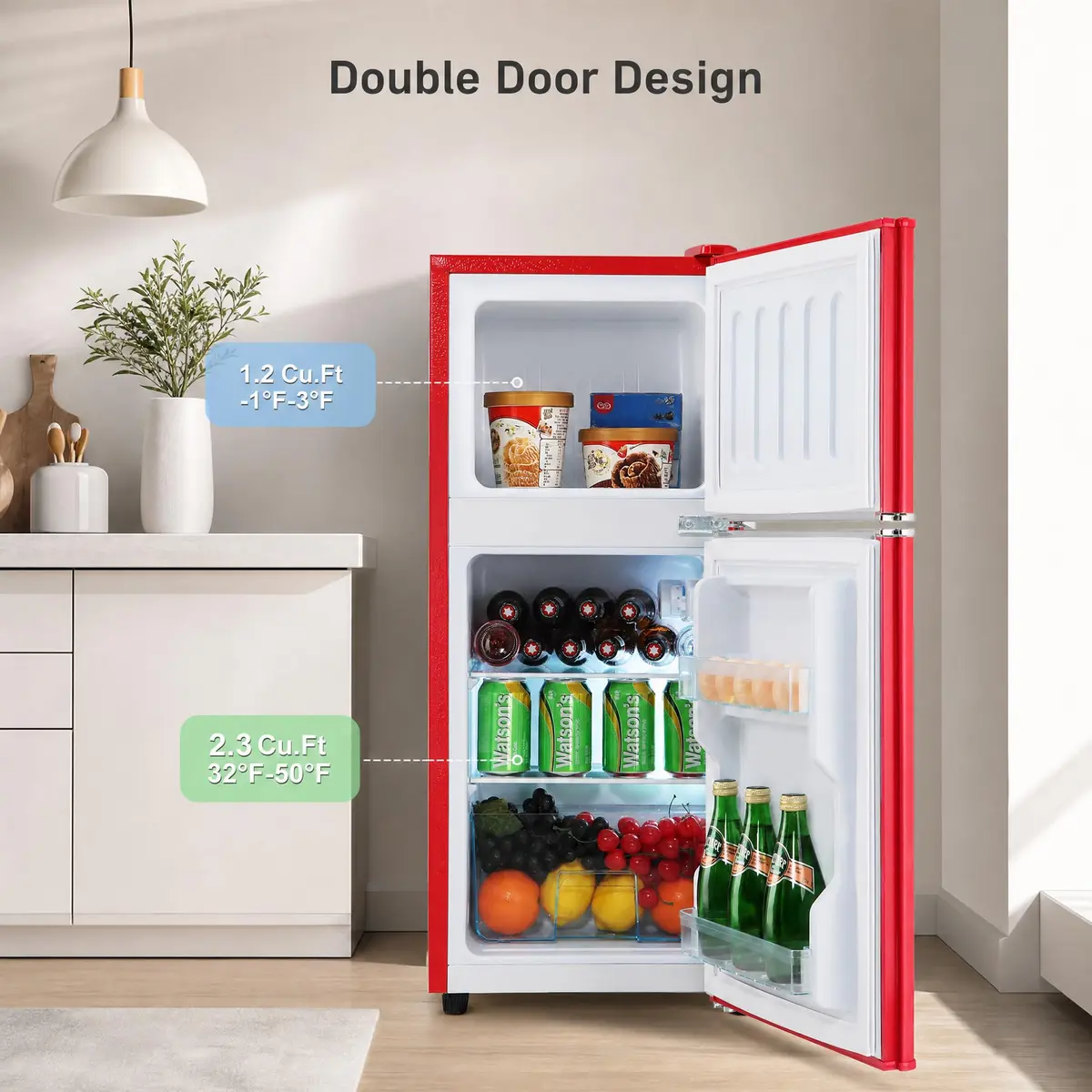 BINMIT Retro Mini Fridge with Freezer 3.5 Cu. Ft | Vintage Style, Compact Dual Door, Adjustable Thermostat, Quiet Operation, Red - view 3