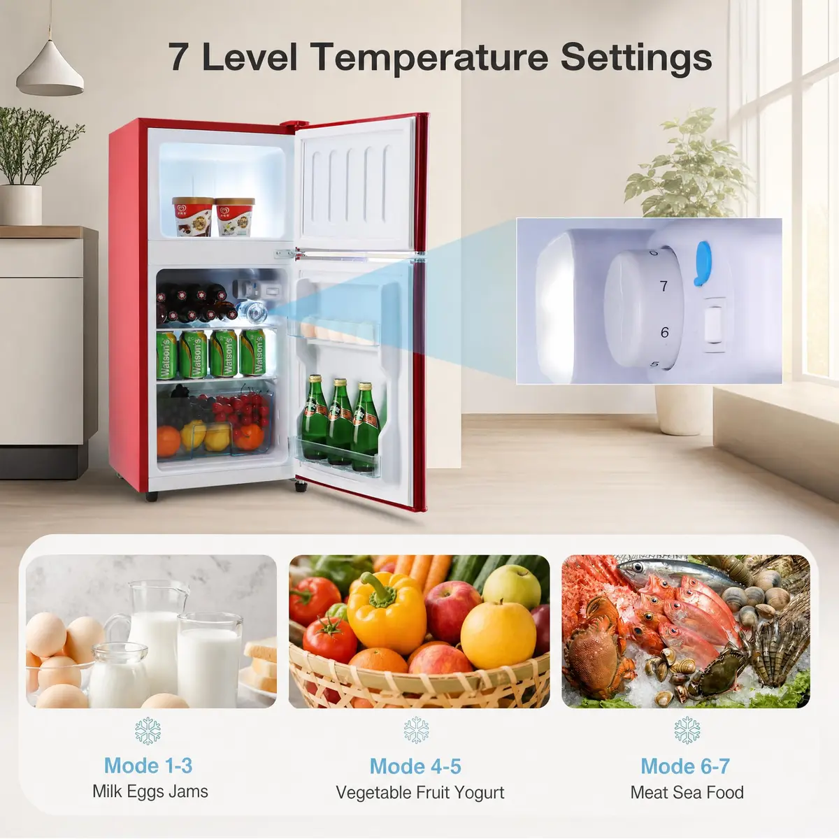 BINMIT Retro Mini Fridge with Freezer 3.5 Cu. Ft | Vintage Style, Compact Dual Door, Adjustable Thermostat, Quiet Operation, Red - view 4
