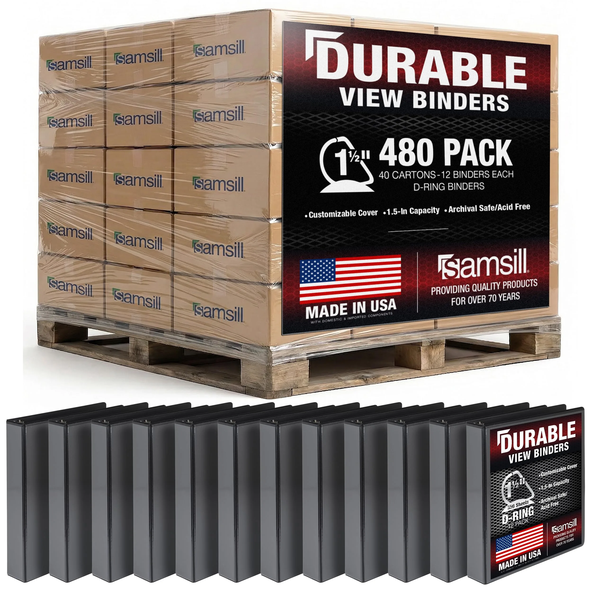 Samsill Durable 1.5 inch 3 Ring Binder, Black, Pallet of 480 Binders | Recycled Chipboard Office & School Supply - main product image