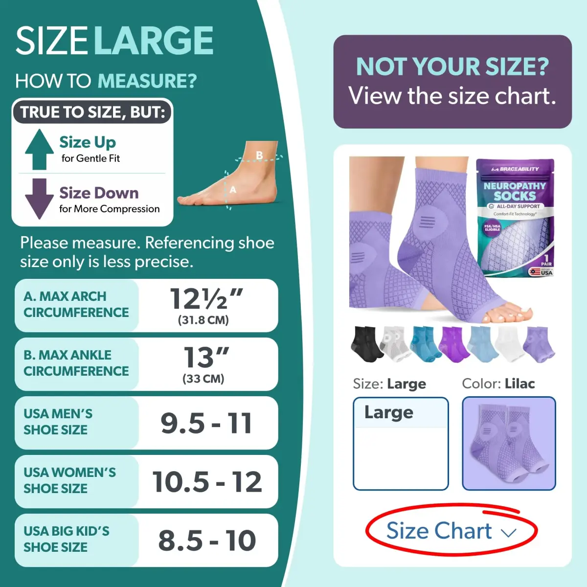 BraceAbility Neuropathy Socks - Lilac, Large, 1 Pair | FDA Approved Medical Compression for Nerve Pain - view 2