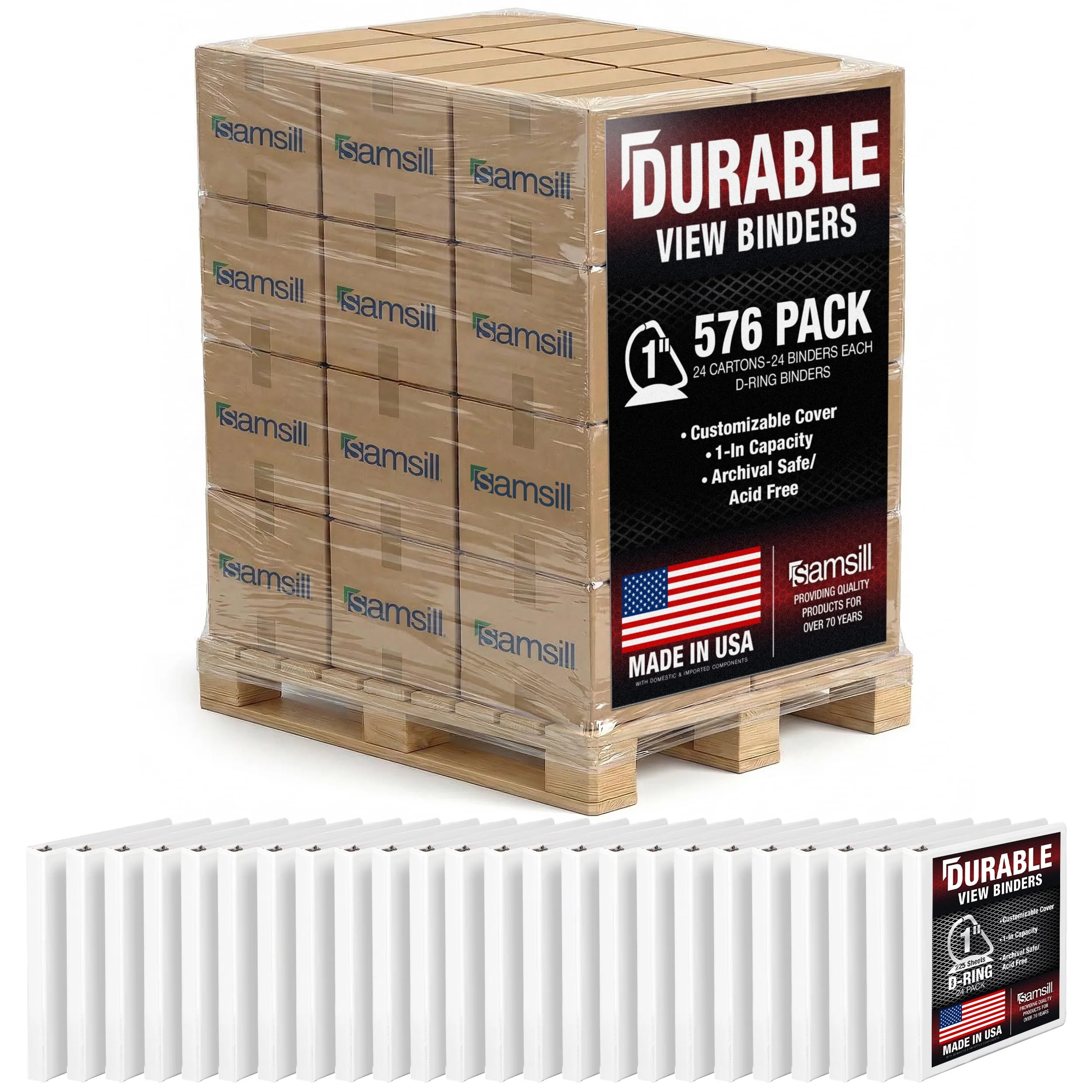 Samsill White 1 Inch 3-Ring D-Ring Binder (Pallet of 576) | Eco-Friendly Recycled Chipboard - main product image