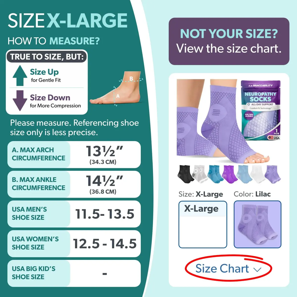 BraceAbility Neuropathy Socks X-Large in Lilac - 1 Pair | Medical Compression for Nerve Pain - view 2