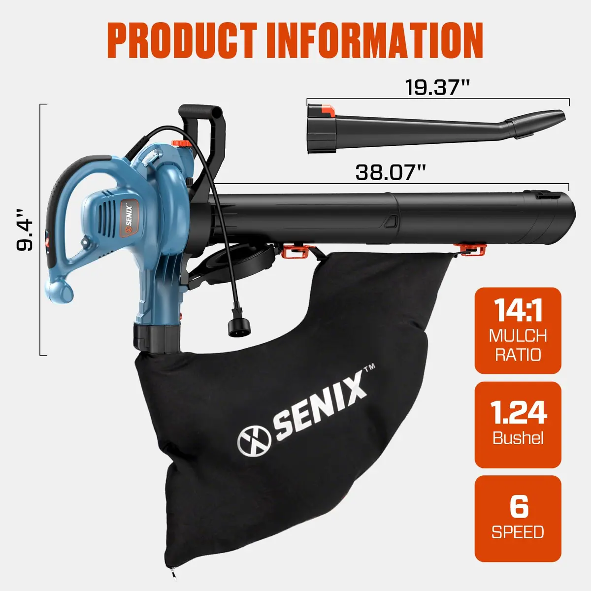 SENIX 3-in-1 Corded Leaf Blower, Leaf Vacuum & Mulcher, 420 CFM & 179 MPH | Versatile Garden Tool - view 2