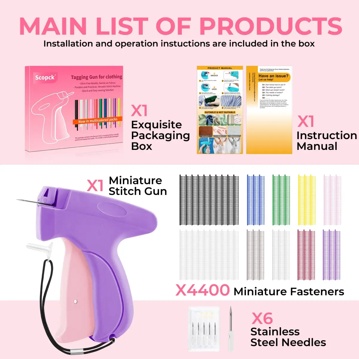 Scopck Handheld Stitch Gun for Clothes, Purple-Pink (Includes 6 Needles, 1800 Fasteners) - view 3