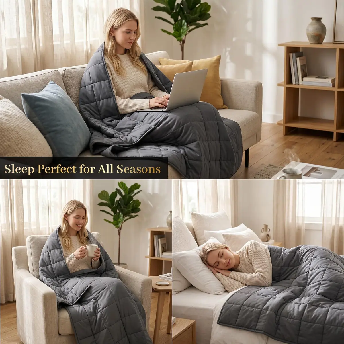 Smart Queen Cooling Weighted Blanket 20lbs 60x80 in Charcoal | All-Season Sleep Comfort - view 4