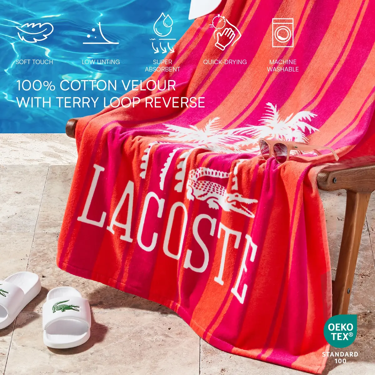 Lacoste 100% Cotton Oversized Beach Towel Palm Trees/Coral 183cm (72"L x 36"W) - view 4