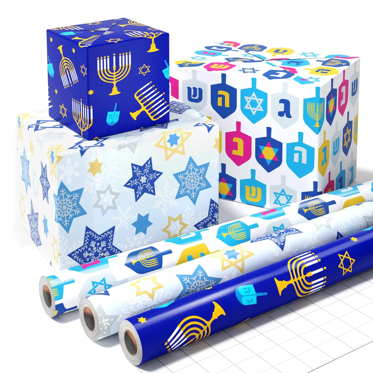 WERNNSAI Metallic Foil Hanukkah Wrapping Paper - 3 x 10 Ft Festive Gift Wrap with Gold Menorahs & Snowflakes - main product image