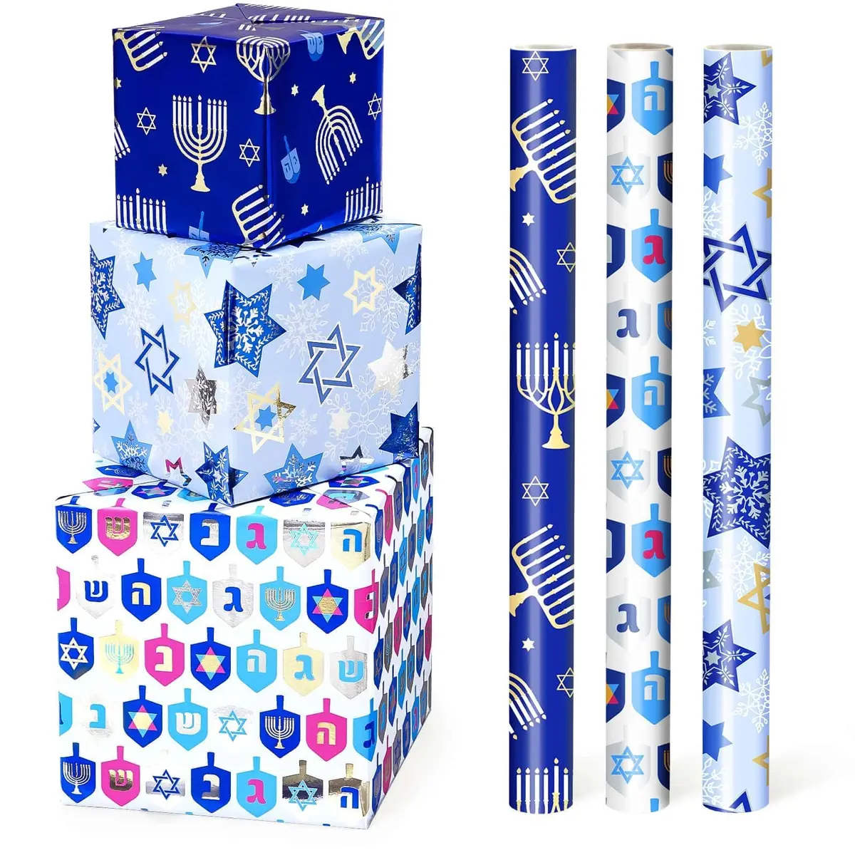 WERNNSAI Metallic Foil Hanukkah Wrapping Paper - 3 x 10 Ft Festive Gift Wrap with Gold Menorahs & Snowflakes - view 6