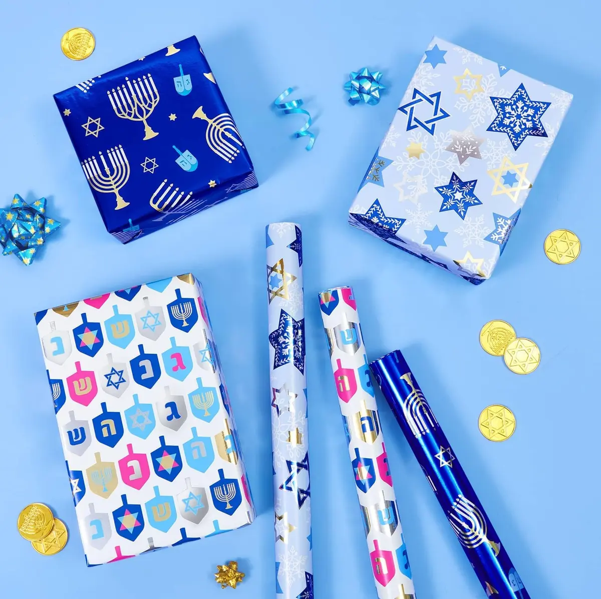 WERNNSAI Metallic Foil Hanukkah Wrapping Paper - 3 x 10 Ft Festive Gift Wrap with Gold Menorahs & Snowflakes - view 7