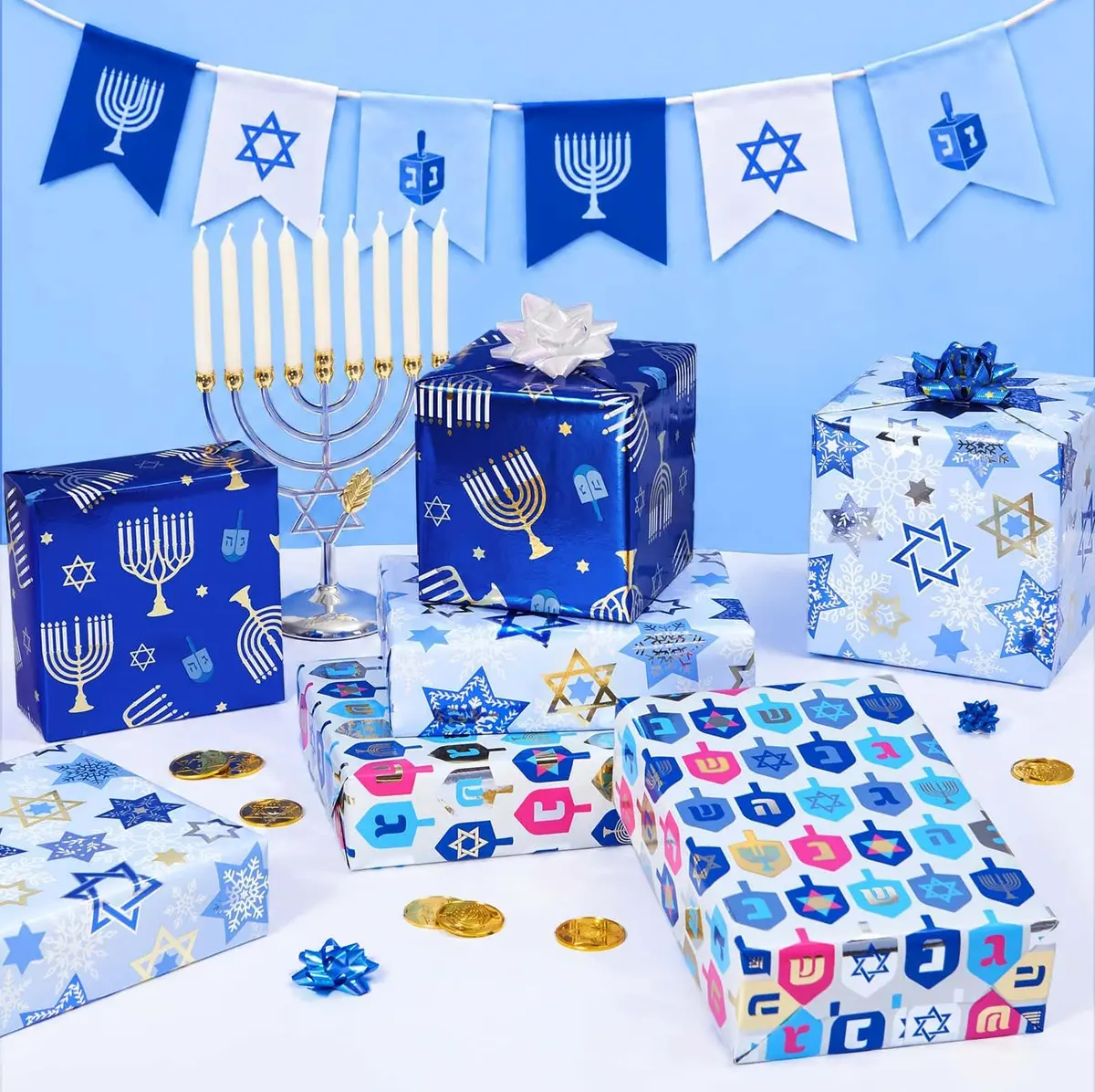 WERNNSAI Metallic Foil Hanukkah Wrapping Paper - 3 x 10 Ft Festive Gift Wrap with Gold Menorahs & Snowflakes - view 8