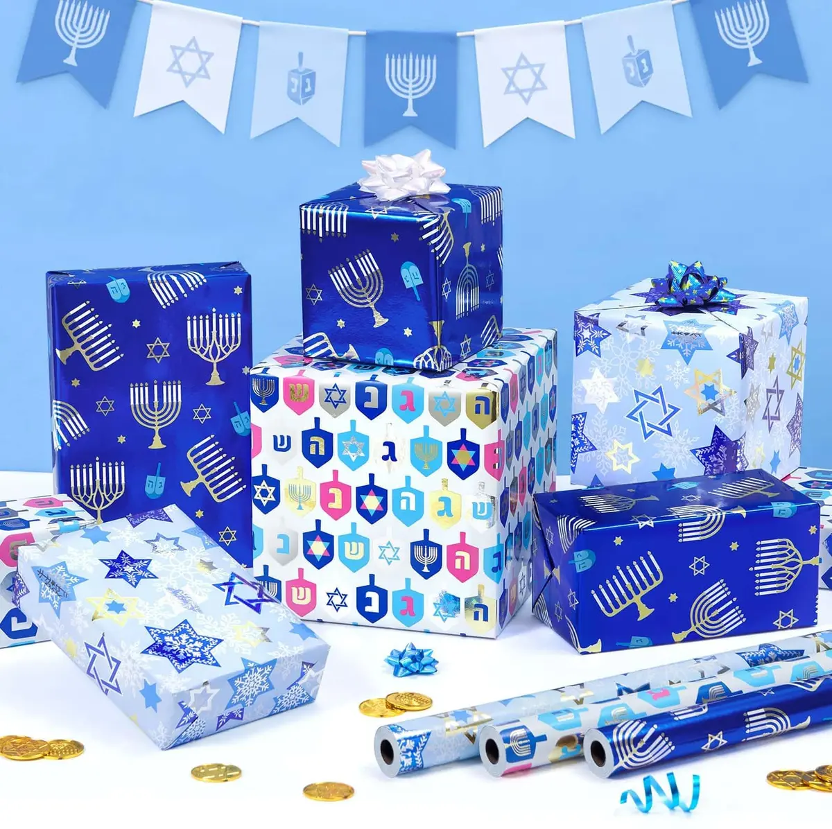 WERNNSAI Metallic Foil Hanukkah Wrapping Paper - 3 x 10 Ft Festive Gift Wrap with Gold Menorahs & Snowflakes - view 2
