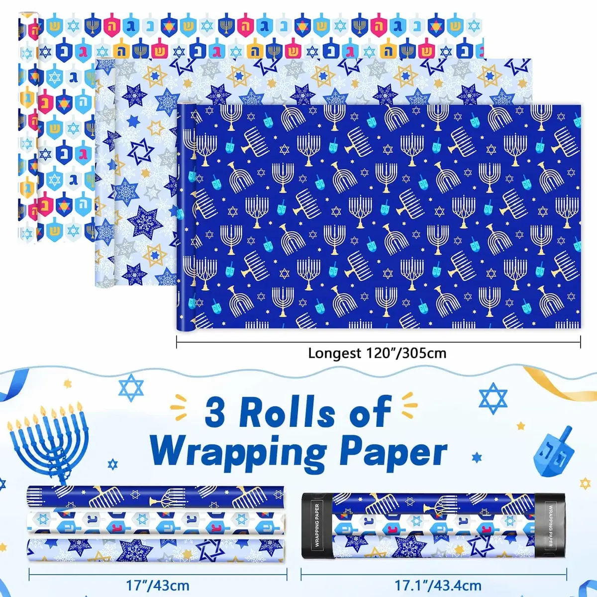 WERNNSAI Metallic Foil Hanukkah Wrapping Paper - 3 x 10 Ft Festive Gift Wrap with Gold Menorahs & Snowflakes - view 3
