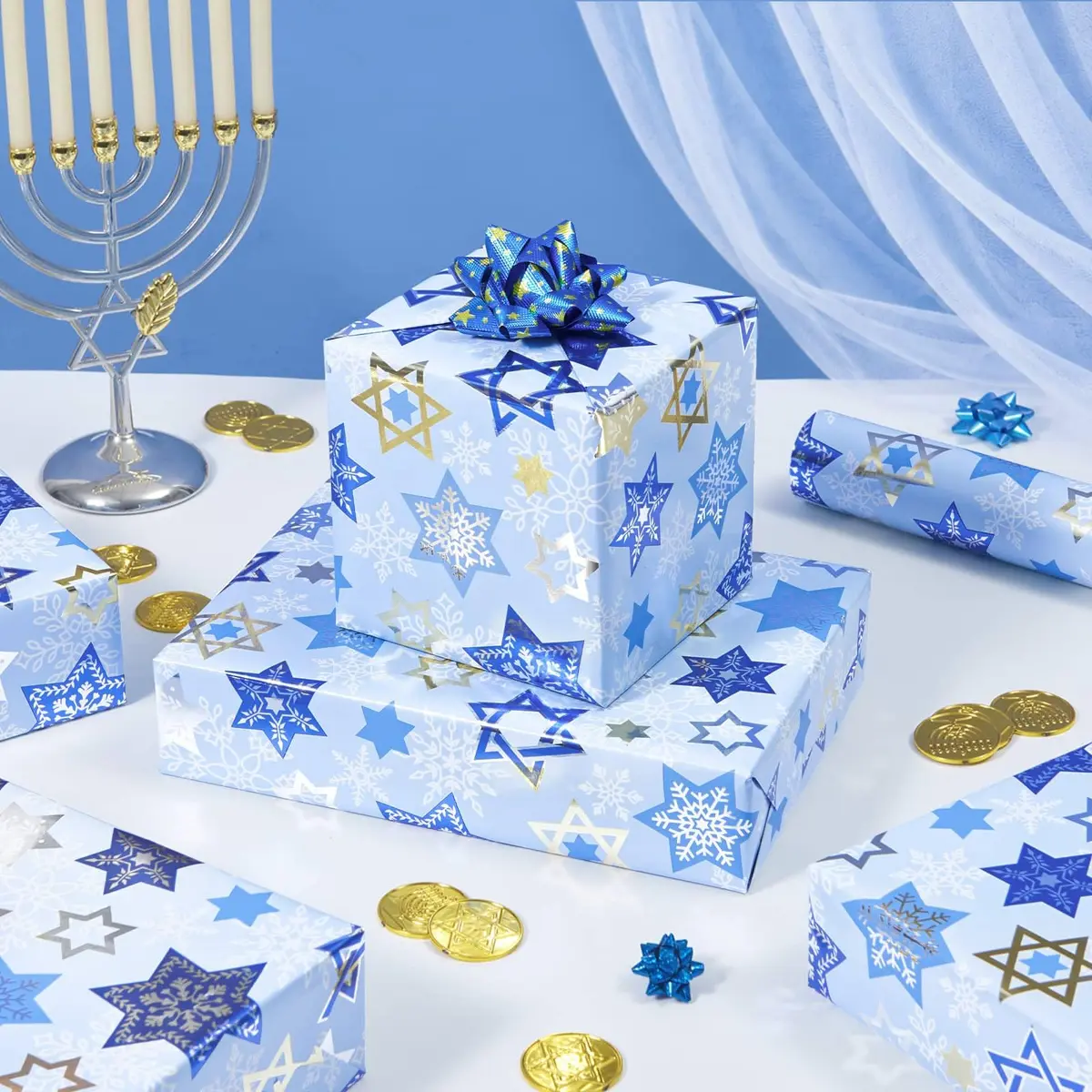 WERNNSAI Hanukkah Wrapping Paper Blue Star of David Snowflake Design 33 Ft | Festive Metallic Foil Gift Wrap for Hanukkah & Winter Celebrations - view 5