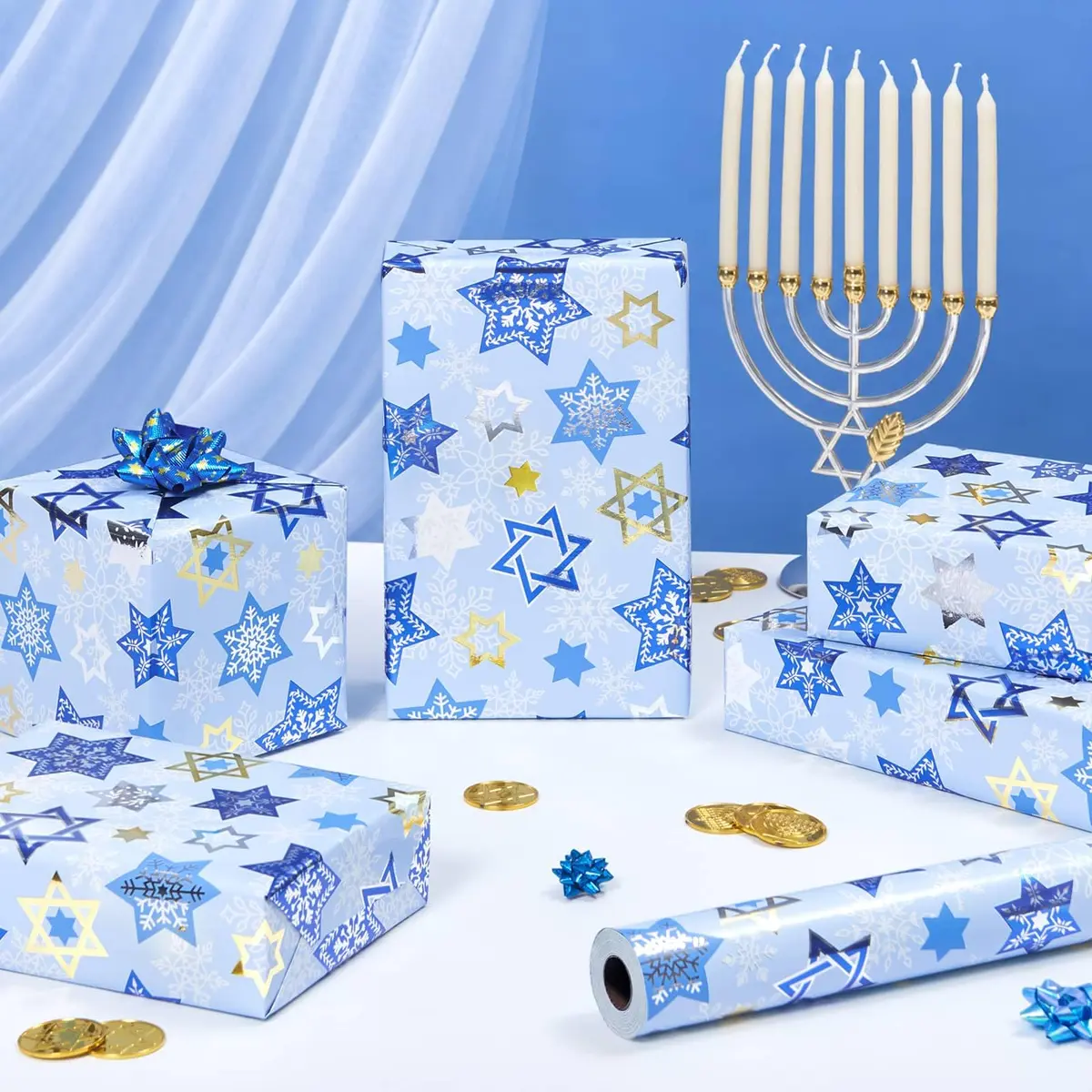 WERNNSAI Hanukkah Wrapping Paper Blue Star of David Snowflake Design 33 Ft | Festive Metallic Foil Gift Wrap for Hanukkah & Winter Celebrations - view 3