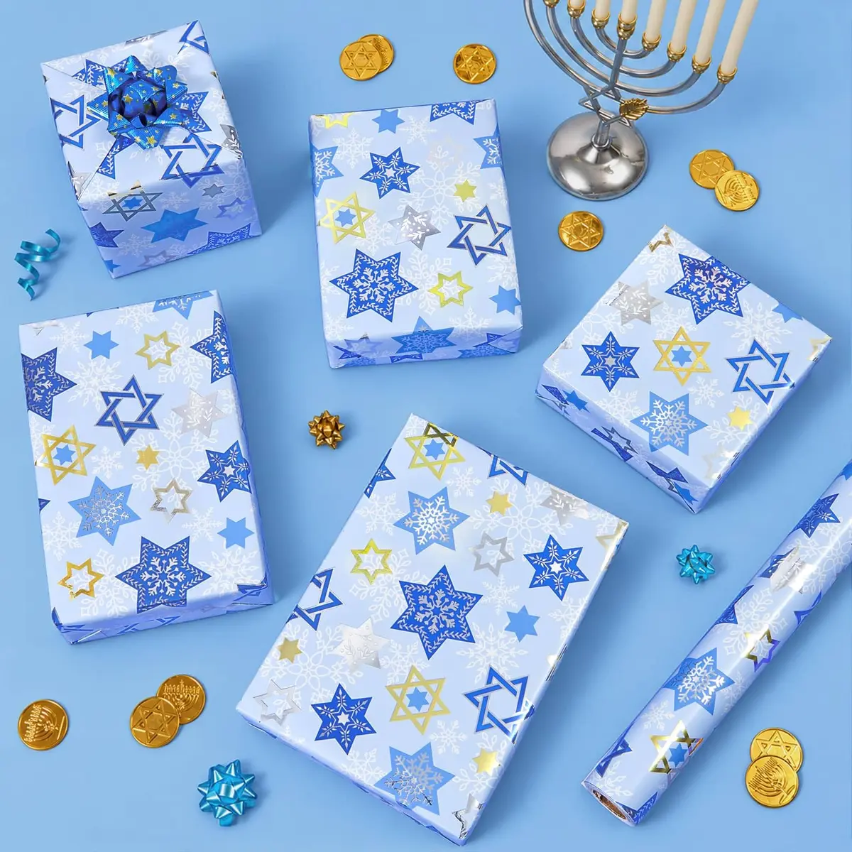 WERNNSAI Hanukkah Wrapping Paper Blue Star of David Snowflake Design 33 Ft | Festive Metallic Foil Gift Wrap for Hanukkah & Winter Celebrations - view 4