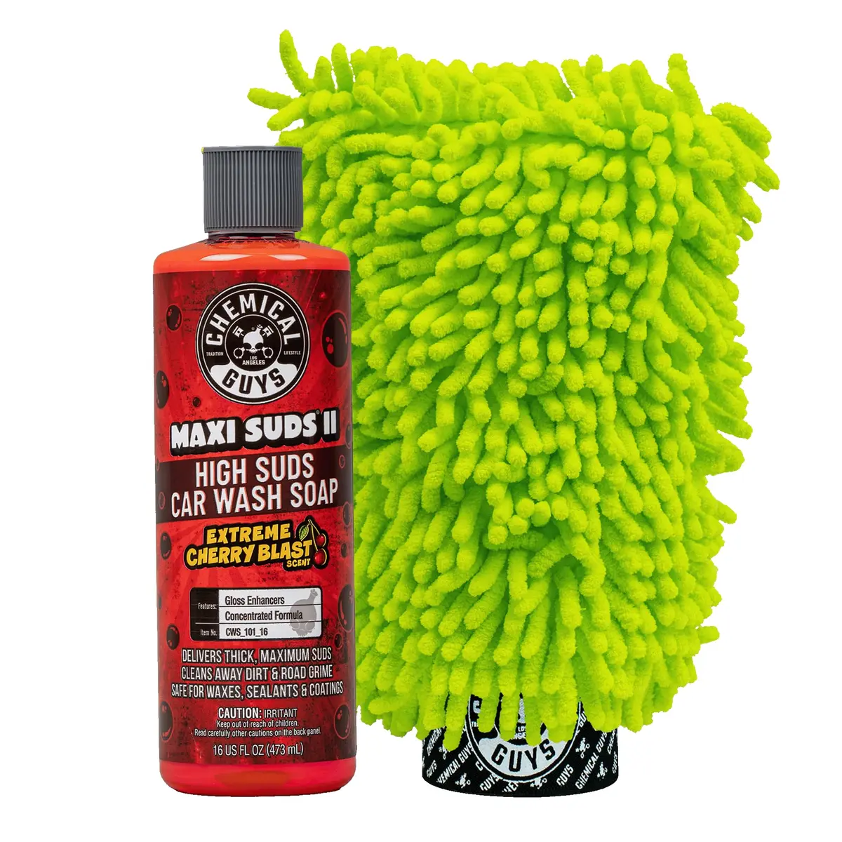 Chemical Guys Maxi Suds II Car Wash Soap & Chenille Mitt Bundle, Cherry Scent, 473ml (16 fl oz) | pH-Balanced, Scratch-Free Wash - main product image
