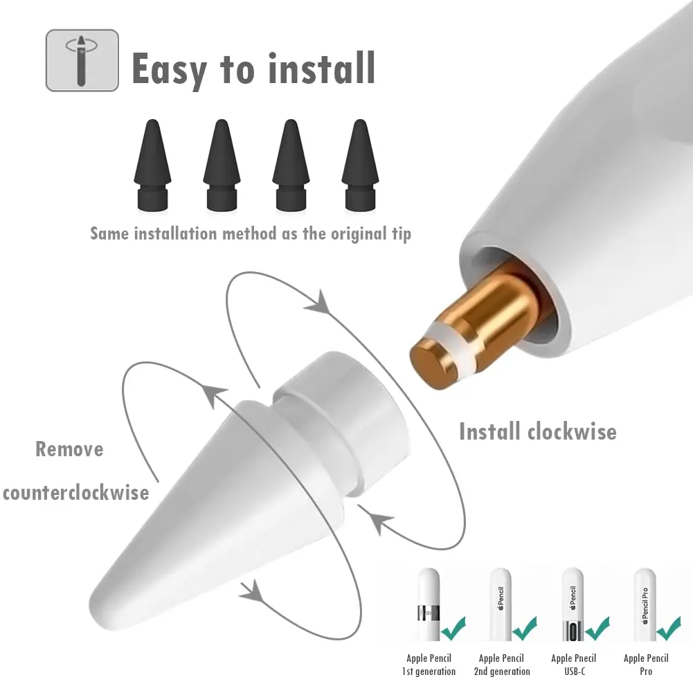 SIXFU Replacement Pencil Tips 4 PCS Black | Compatible with Apple Pencil Pro, USB-C, 1st/2nd Gen - view 2
