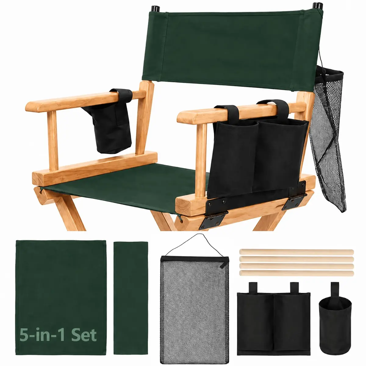 STAY GENT Director Chair Replacement Canvas Set with Storage Bags - Green | 5-in-1 Upgrade for Makeup Artist Chairs - main product image