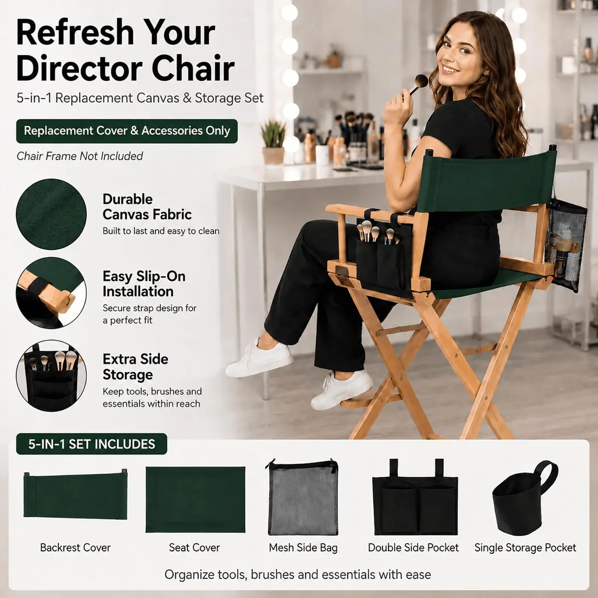 STAY GENT Director Chair Replacement Canvas Set with Storage Bags - Green | 5-in-1 Upgrade for Makeup Artist Chairs - view 6