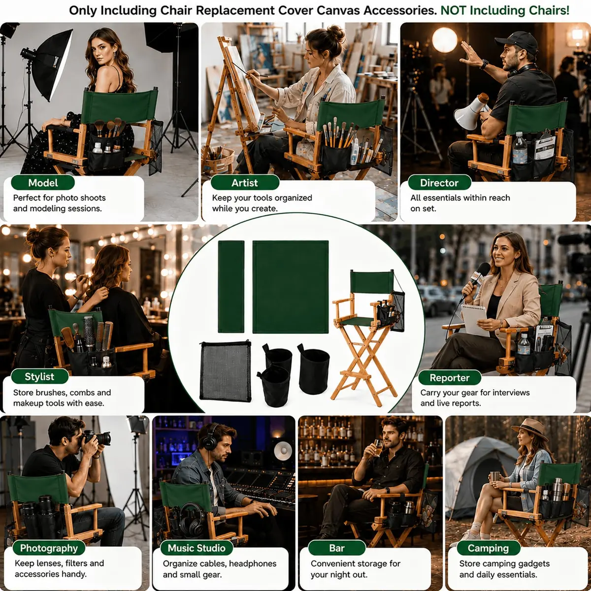 STAY GENT Director Chair Replacement Canvas Set with Storage Bags - Green | 5-in-1 Upgrade for Makeup Artist Chairs - view 7