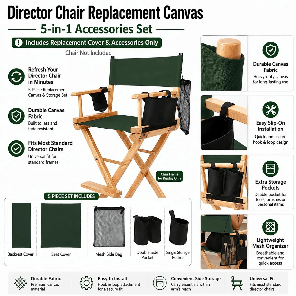 STAY GENT Director Chair Replacement Canvas Set with Storage Bags - Green | 5-in-1 Upgrade for Makeup Artist Chairs - view 9