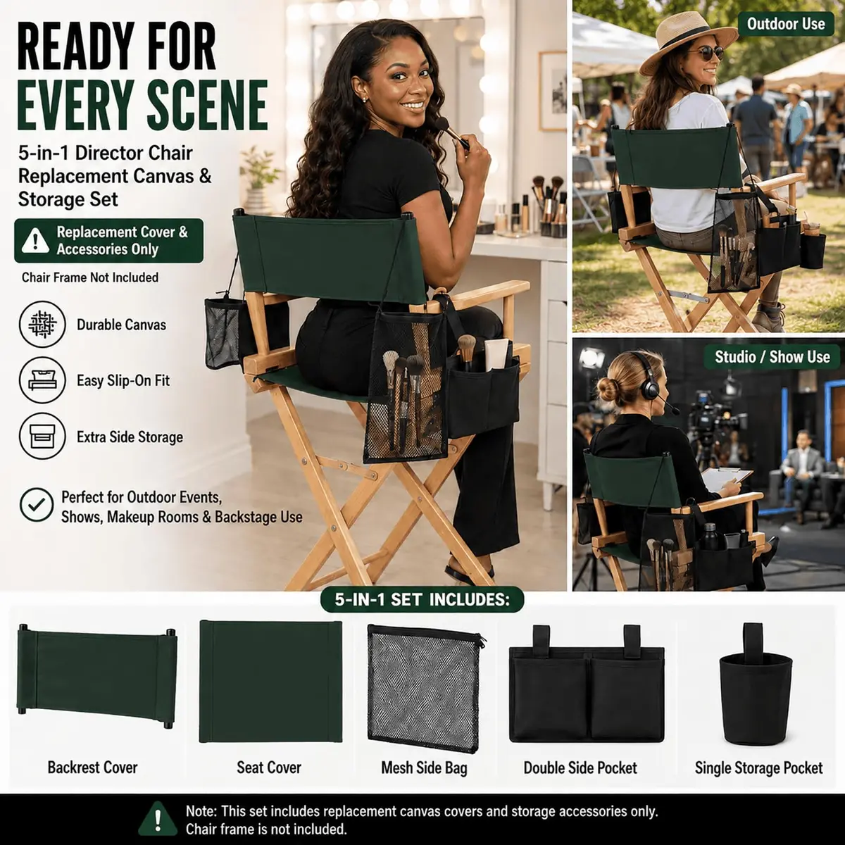 STAY GENT Director Chair Replacement Canvas Set with Storage Bags - Green | 5-in-1 Upgrade for Makeup Artist Chairs - view 2
