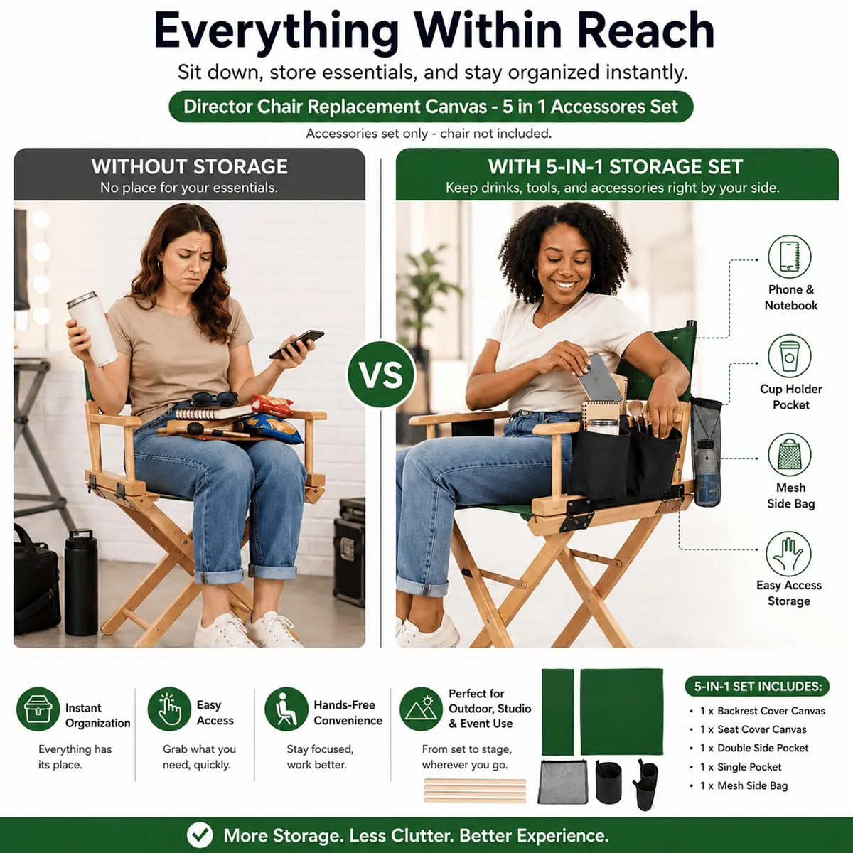 STAY GENT Director Chair Replacement Canvas Set with Storage Bags - Green | 5-in-1 Upgrade for Makeup Artist Chairs - view 3