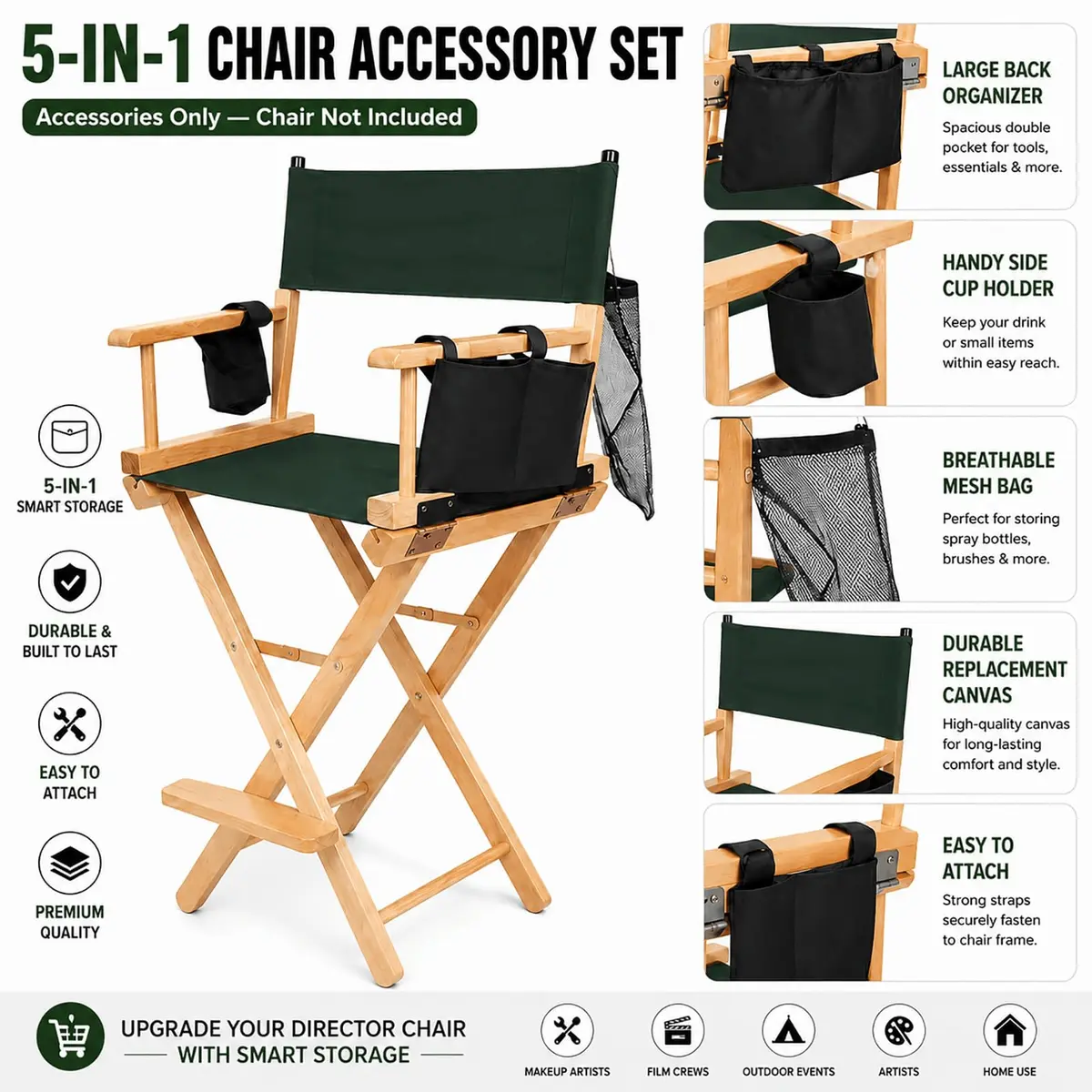 STAY GENT Director Chair Replacement Canvas Set with Storage Bags - Green | 5-in-1 Upgrade for Makeup Artist Chairs - view 4