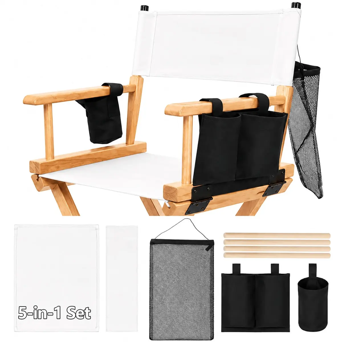 STAY GENT Director Chair Replacement Canvas Set with Storage - White | 5-in-1 Upgrade for Makeup Artist Chairs - main product image