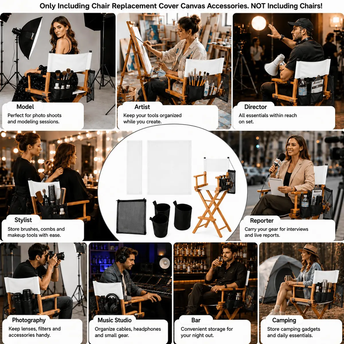 STAY GENT Director Chair Replacement Canvas Set with Storage - White | 5-in-1 Upgrade for Makeup Artist Chairs - view 5