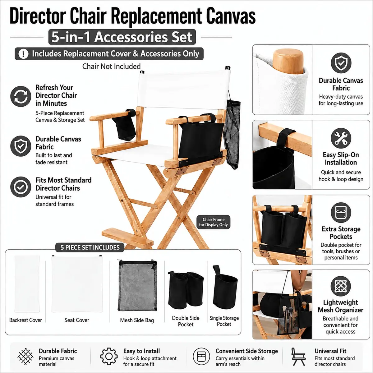 STAY GENT Director Chair Replacement Canvas Set with Storage - White | 5-in-1 Upgrade for Makeup Artist Chairs - view 8