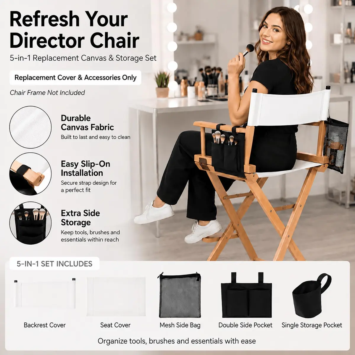 STAY GENT Director Chair Replacement Canvas Set with Storage - White | 5-in-1 Upgrade for Makeup Artist Chairs - view 2