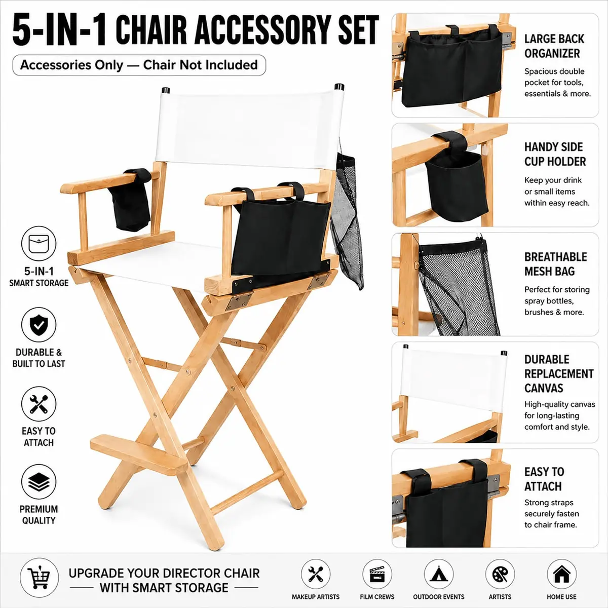STAY GENT Director Chair Replacement Canvas Set with Storage - White | 5-in-1 Upgrade for Makeup Artist Chairs - view 3