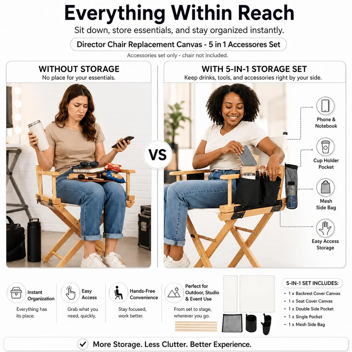 STAY GENT Director Chair Replacement Canvas Set with Storage - White | 5-in-1 Upgrade for Makeup Artist Chairs - view 4