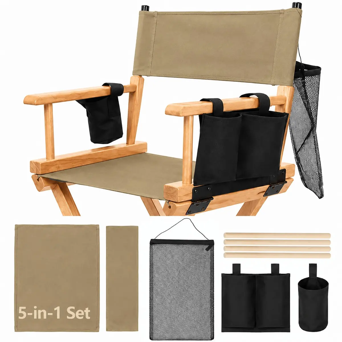 STAY GENT Director Chair Replacement Canvas Set with Storage Bags - Khaki | 5-in-1 Kit for Makeup Artist Chairs - main product image