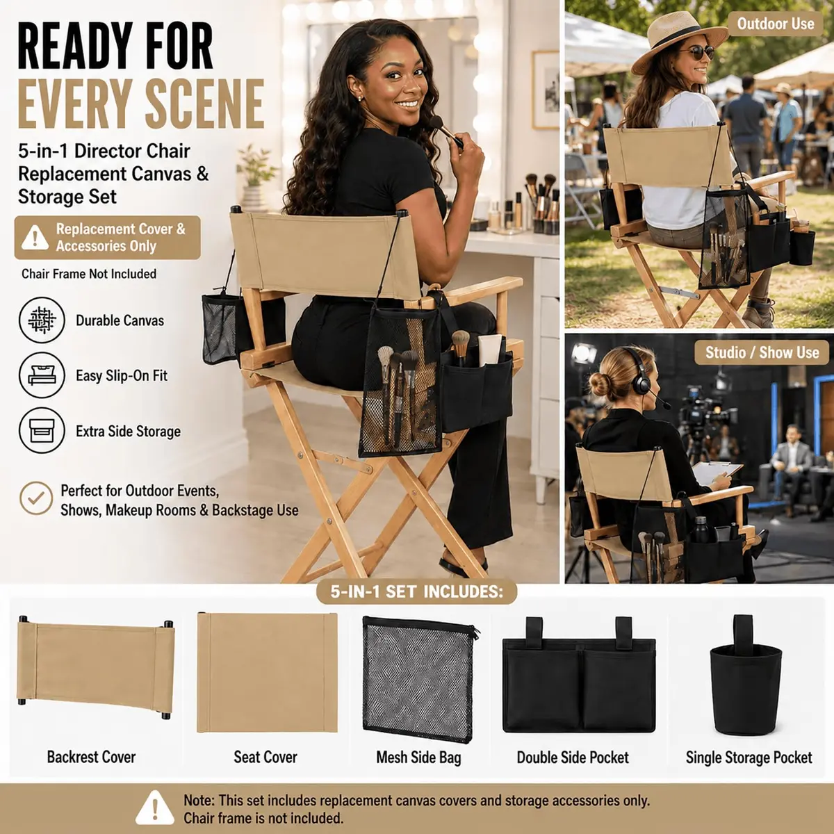 STAY GENT Director Chair Replacement Canvas Set with Storage Bags - Khaki | 5-in-1 Kit for Makeup Artist Chairs - view 5