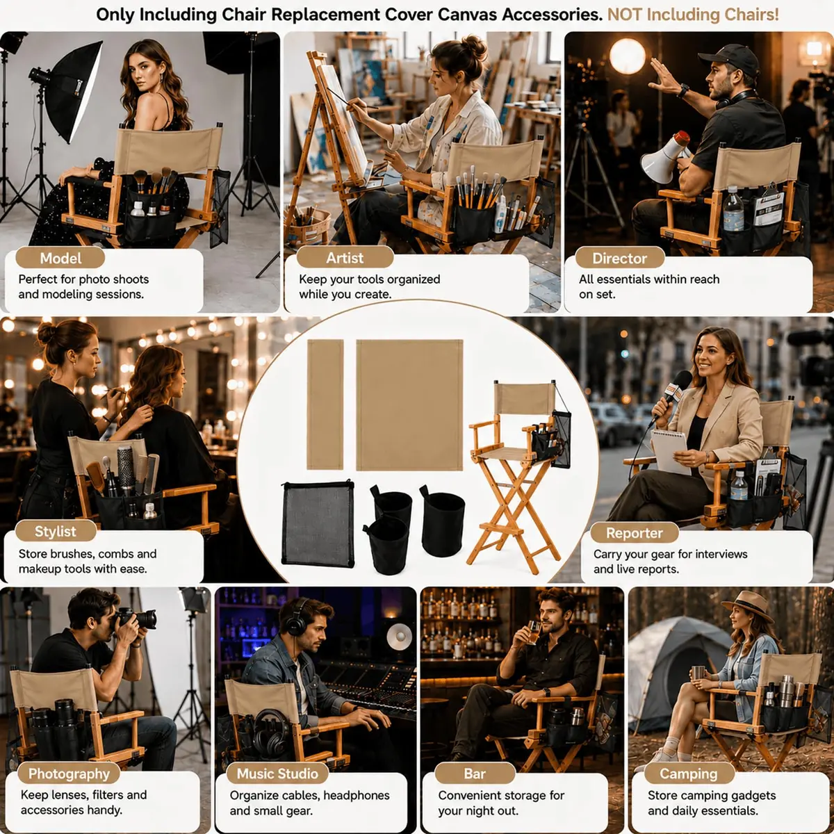 STAY GENT Director Chair Replacement Canvas Set with Storage Bags - Khaki | 5-in-1 Kit for Makeup Artist Chairs - view 6