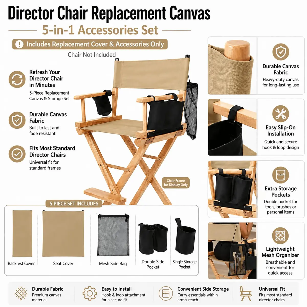 STAY GENT Director Chair Replacement Canvas Set with Storage Bags - Khaki | 5-in-1 Kit for Makeup Artist Chairs - view 9
