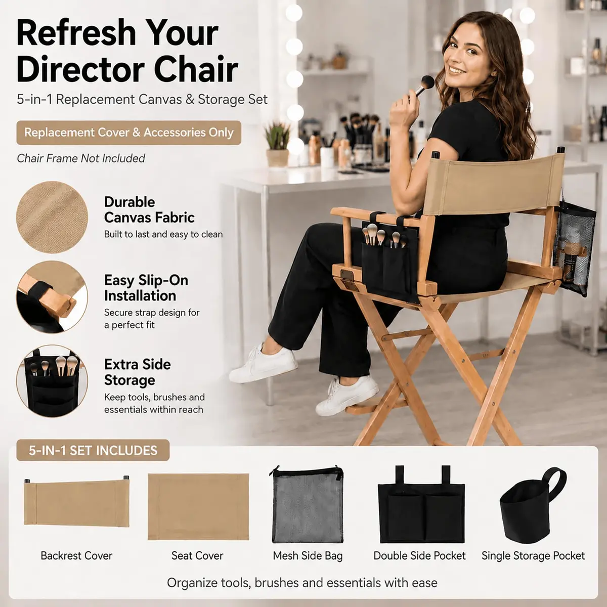 STAY GENT Director Chair Replacement Canvas Set with Storage Bags - Khaki | 5-in-1 Kit for Makeup Artist Chairs - view 2