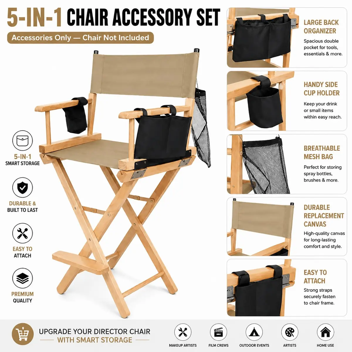 STAY GENT Director Chair Replacement Canvas Set with Storage Bags - Khaki | 5-in-1 Kit for Makeup Artist Chairs - view 3