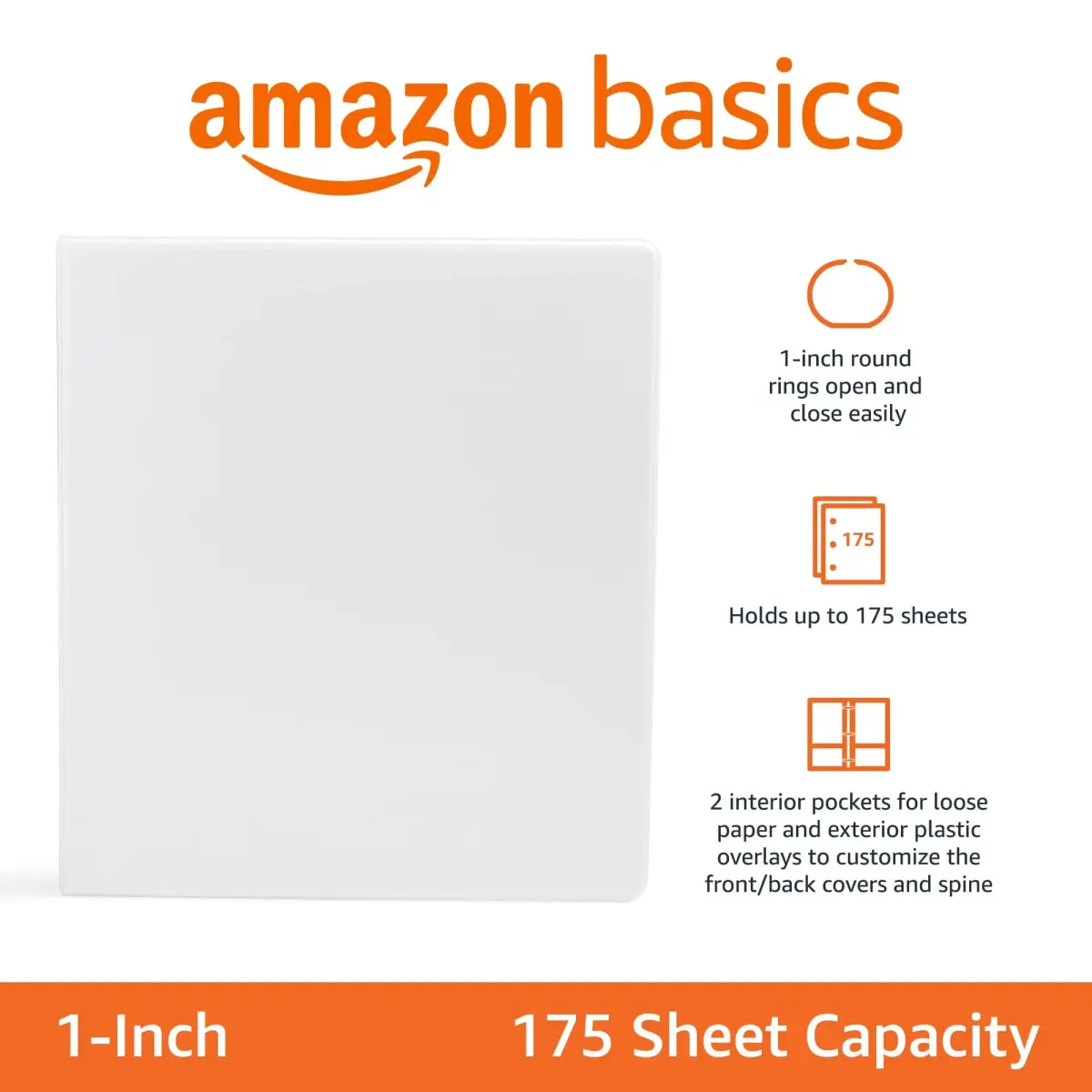 Amazon Basics 3-Ring Binder, 1-Inch, Customizable, White, 2-Pack | Holds 175 Sheets - view 3
