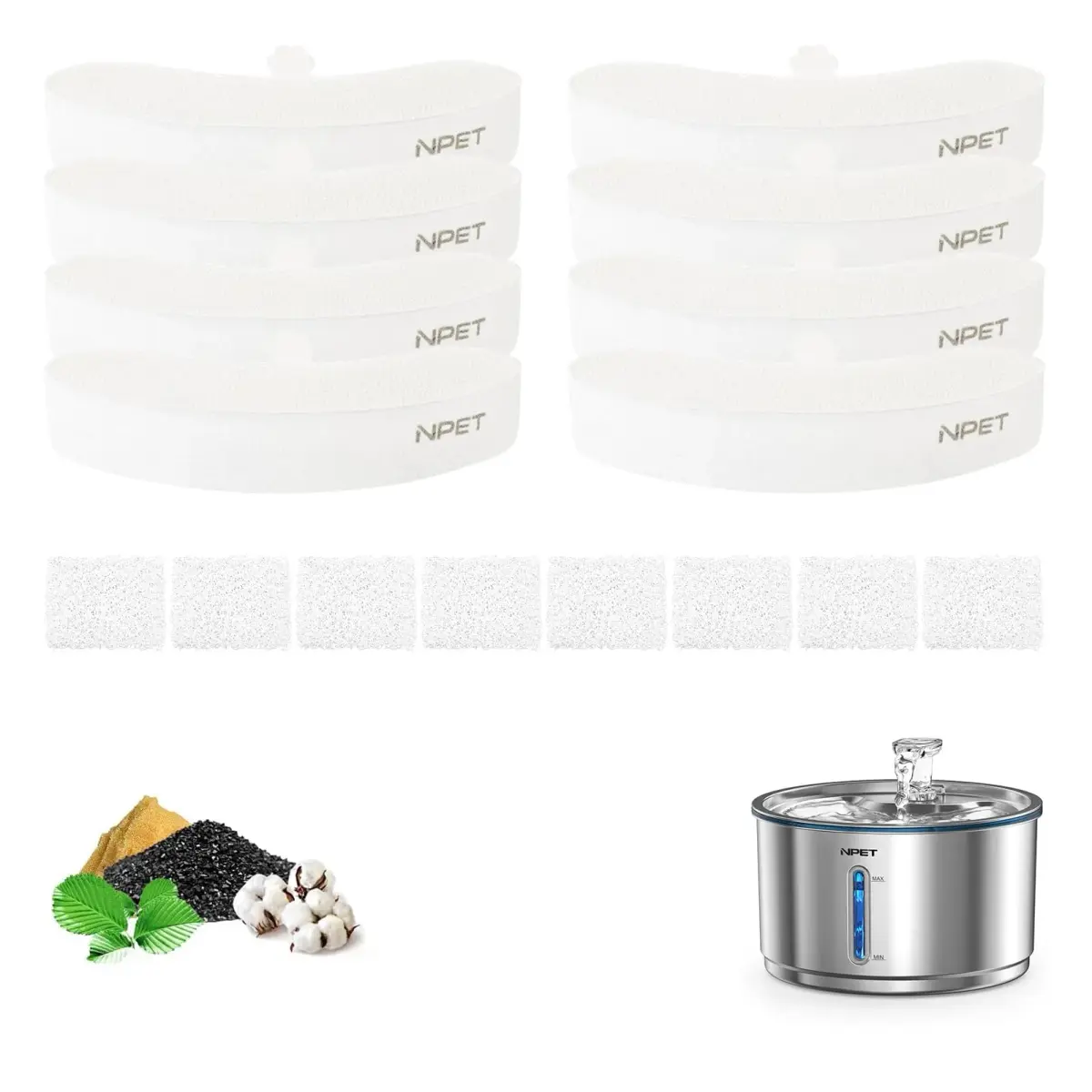 NPET Replacement Filters for WF210plus Stainless Steel Pet Water Fountain (8 Filter Packs + 8 Sponge Packs) | 5-Stage Filtration for Pet Health - main product image