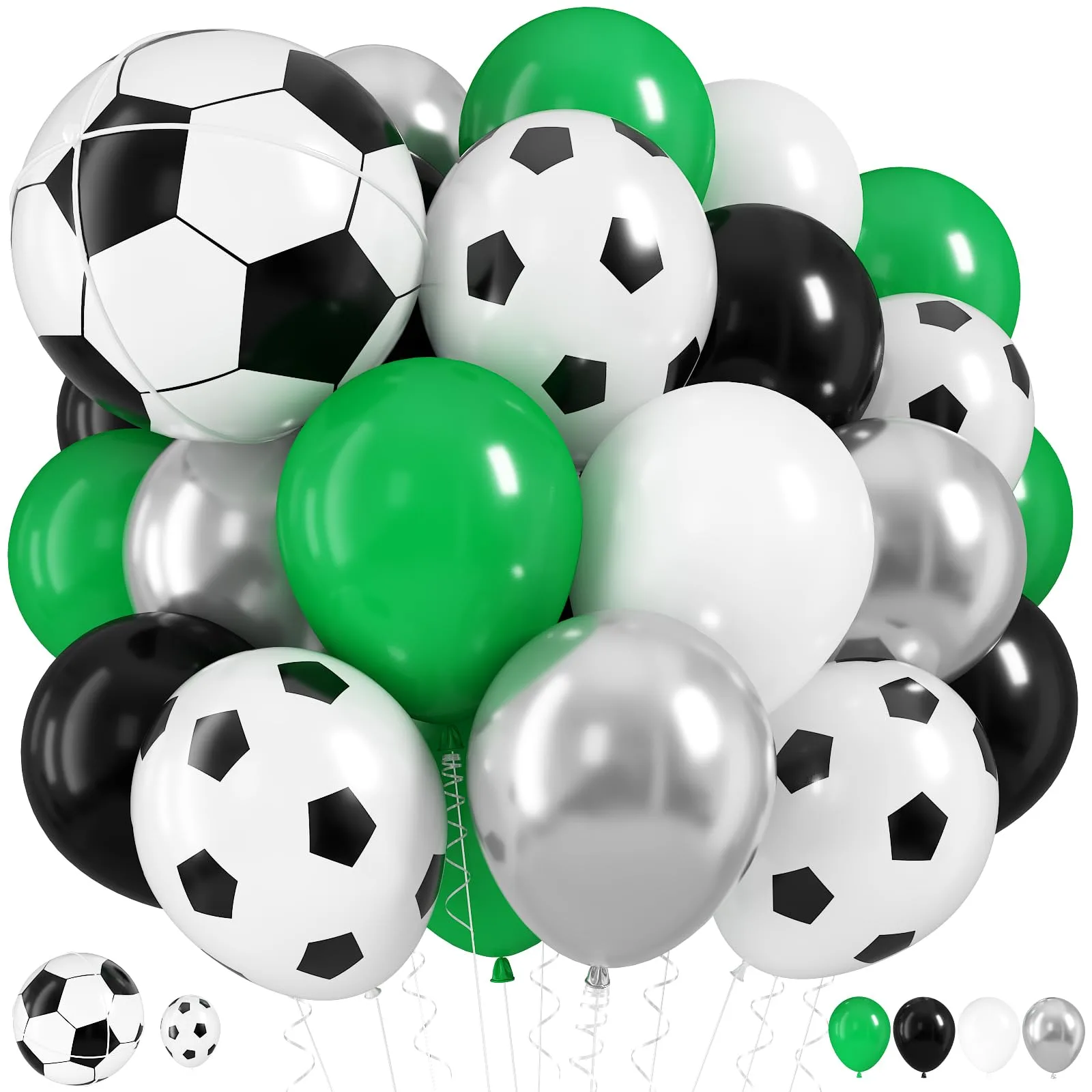 HILAVO Soccer Balloons Set with 4D Soccer Foil Balloon - Green, Black, White, Metallic Silver Latex Balloons (30 Pcs) - main product image